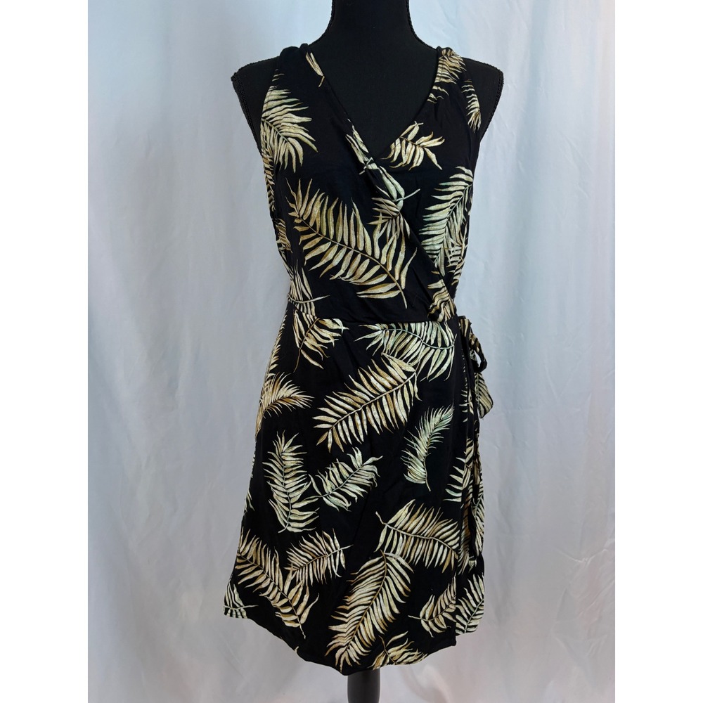 HM Womens Large Black Tropical Palm Leaf Wrap Dress Sleeveless V-Neck Summer